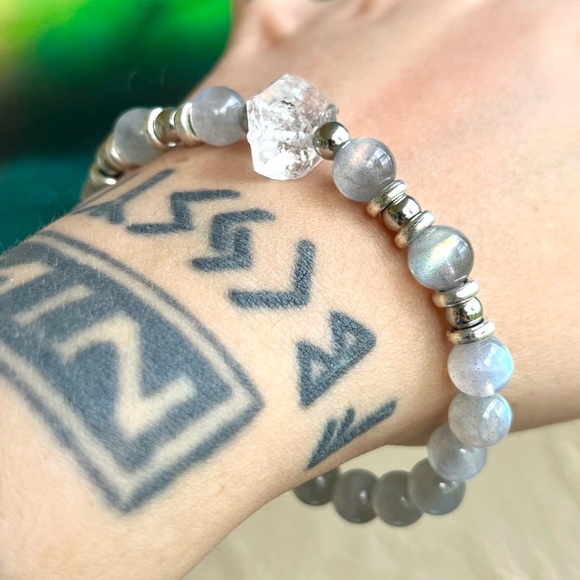 Herkimer diamond iridescent labradorite boho bead crystal quartz gems bracelet - Picture 5 of 16